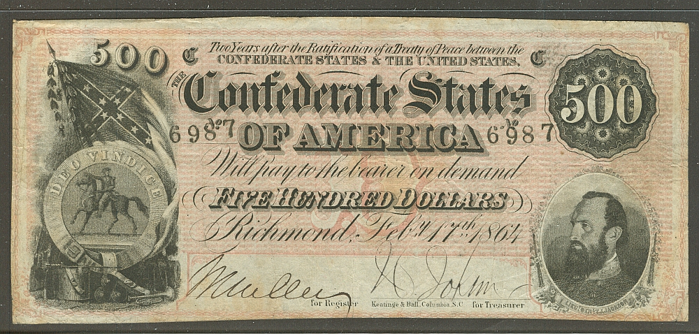 CSA, T64 (489) 1864 $500 Confederate States of America, VF, 6987